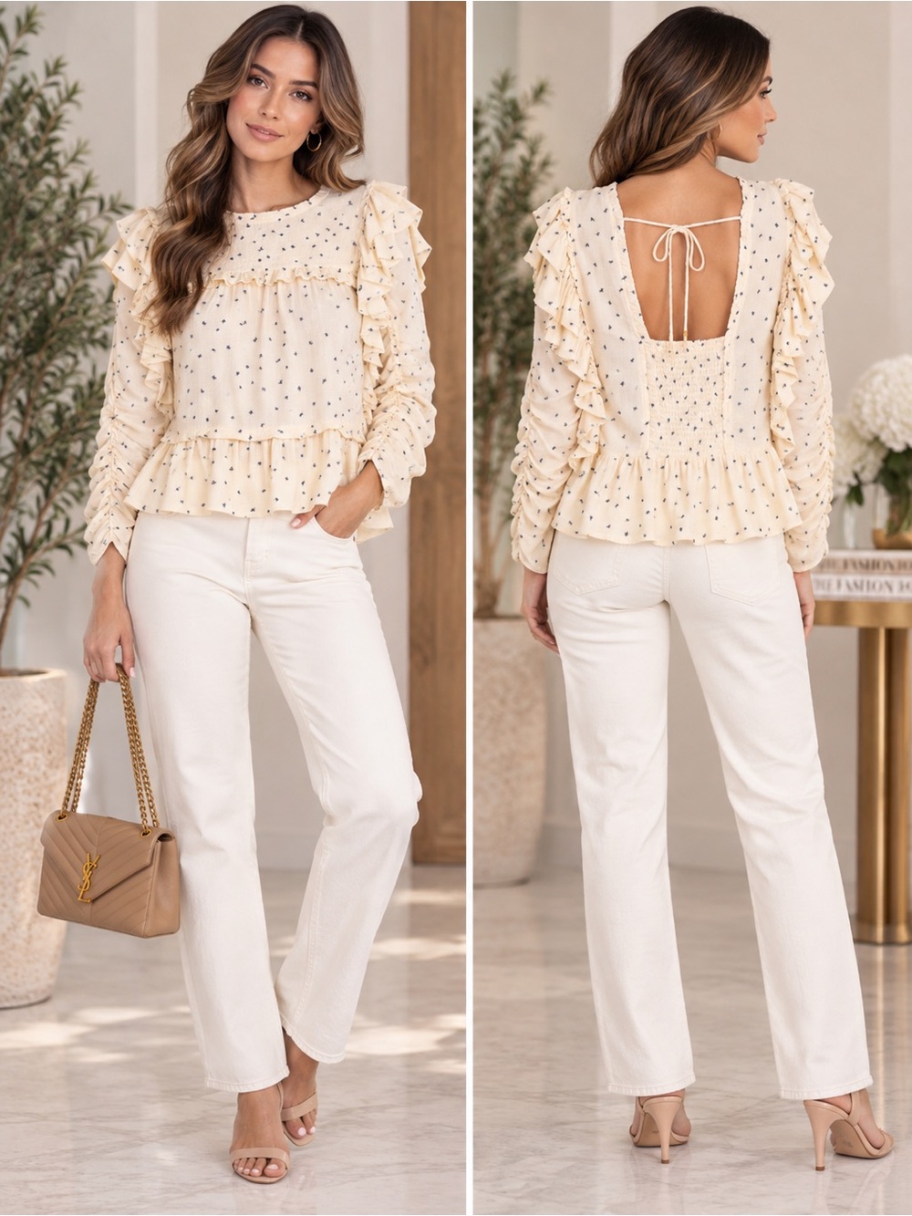 New Munthe Crisp Embroidered Ruffle Blouse – Creme, Size 36 (US 6)